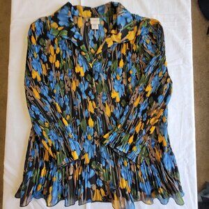 Blue Yellow Blouse Black Pleated Ruffled Womens Covington XL